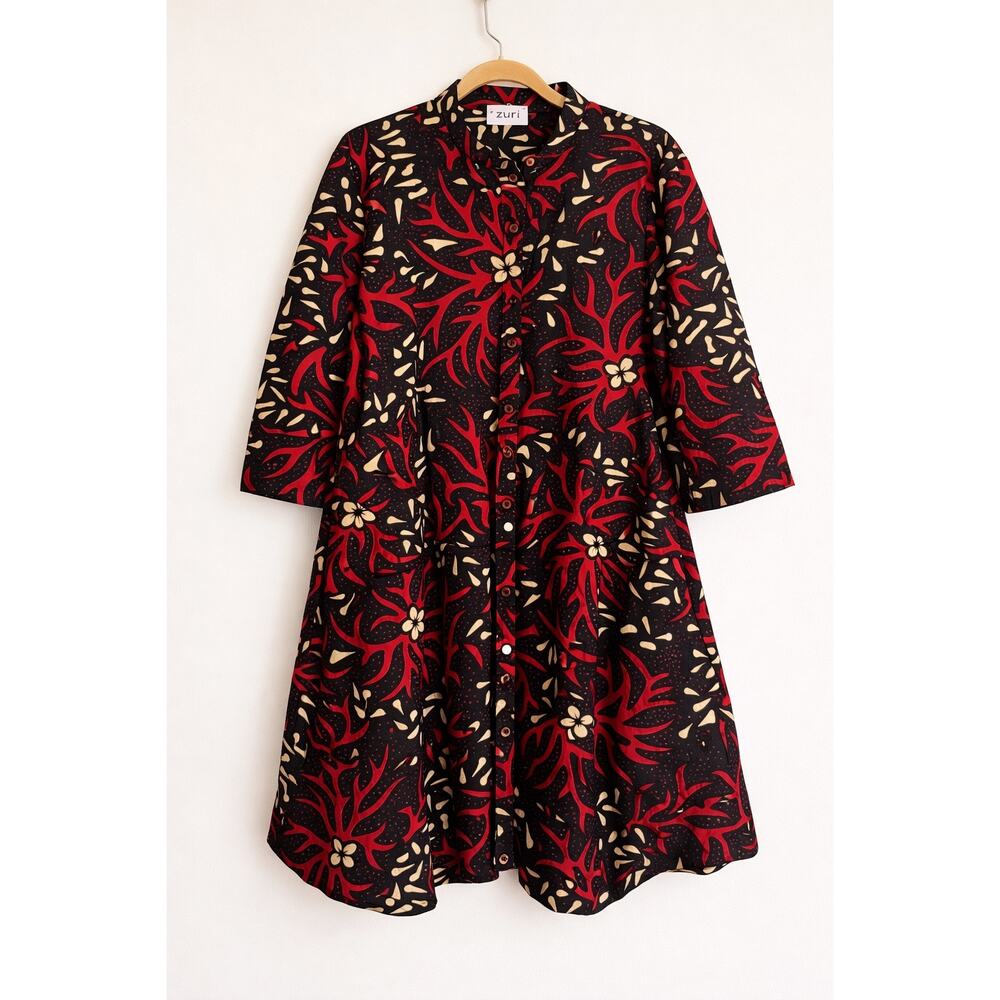Zuri Kenya Cotton Shirt Dress M Red Black Print Button Front Pockets